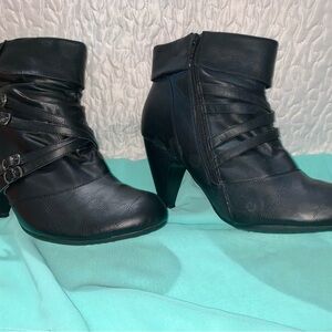Lane Bryant Black Heeled Boots with Decorative Straps in 12 WIDE. Gently used.